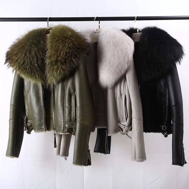 Shearling Sheepskin Fox Fur Collar Biker Jacket