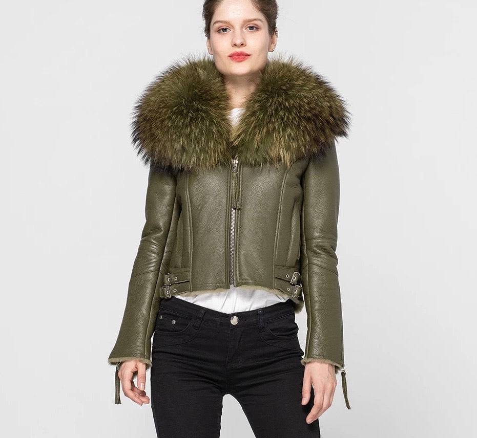 Shearling Sheepskin Fox Fur Collar Biker Jacket