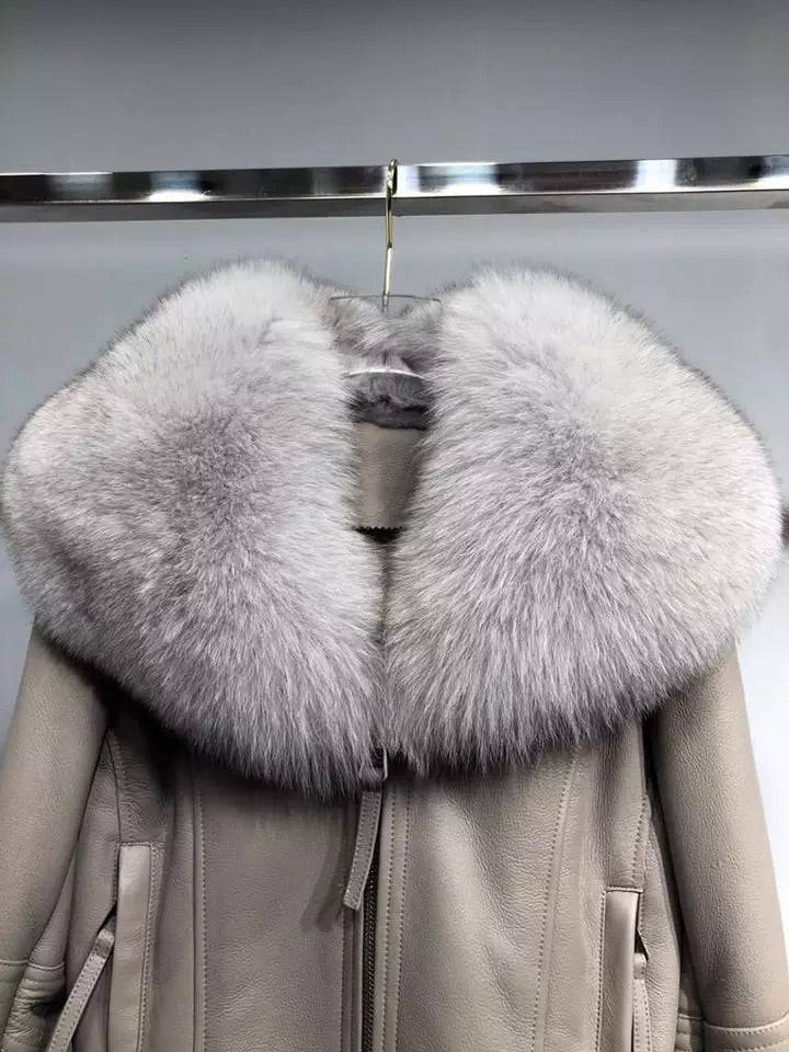 Shearling Sheepskin Fox Fur Collar Biker Jacket