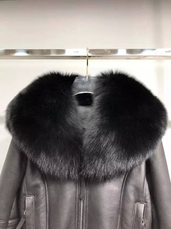 Shearling Sheepskin Fox Fur Collar Biker Jacket