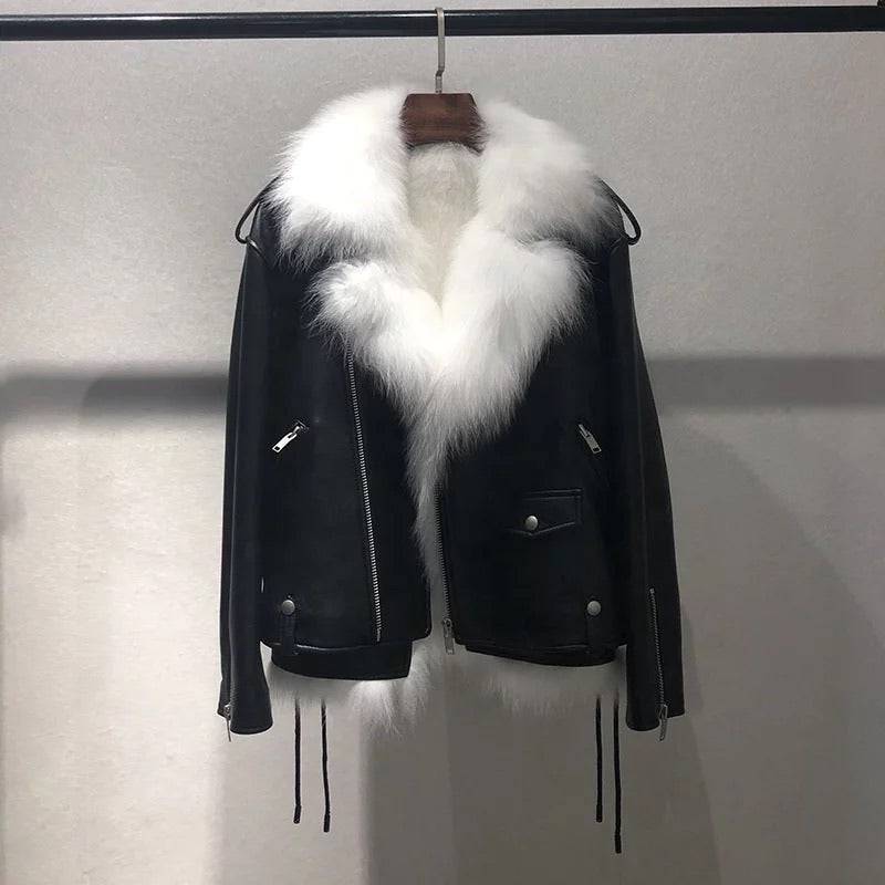 Sheepskin Leather Biker Jacket With Fox Fur Vest Lining