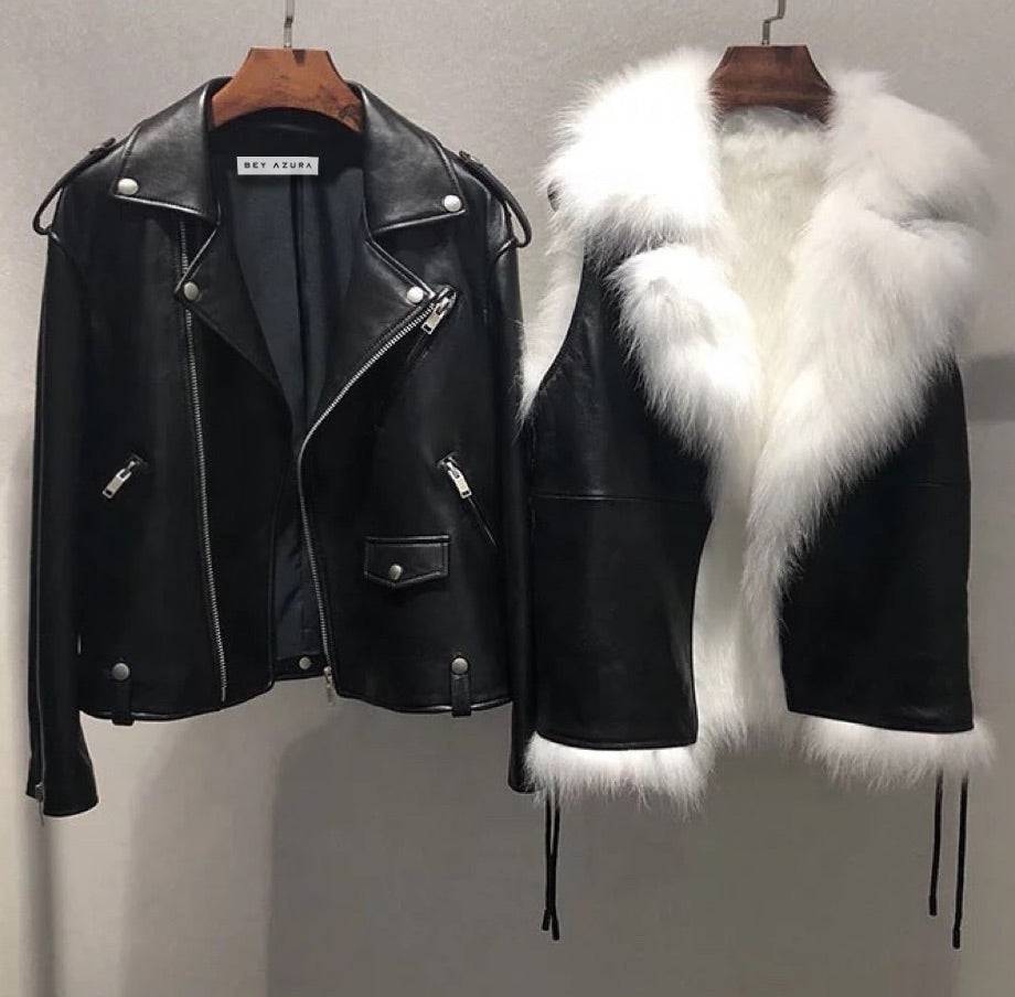 Sheepskin Leather Biker Jacket With Fox Fur Vest Lining