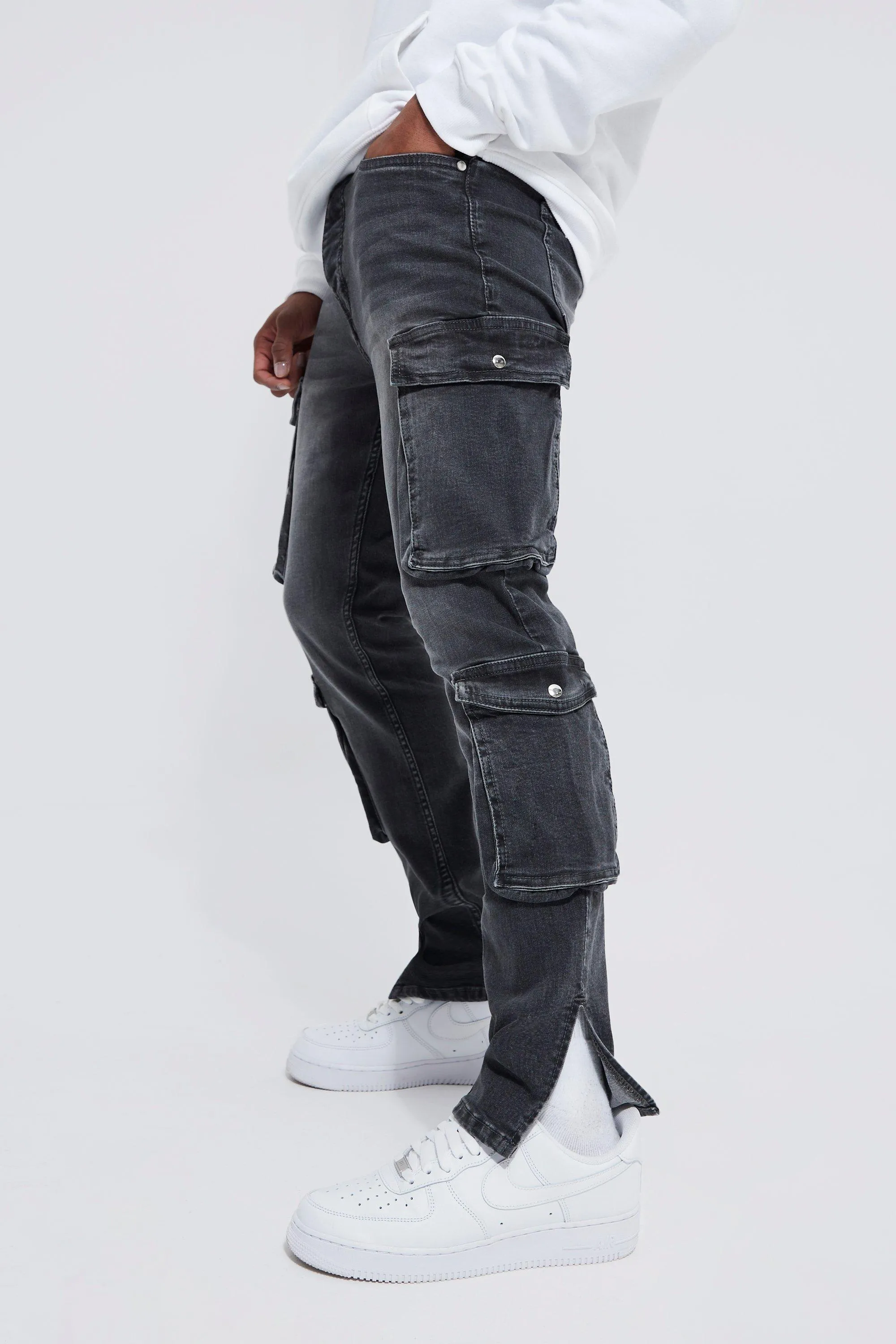 Skinny Stretch Multi Cargo Split Hem Jeans | boohooMAN UK