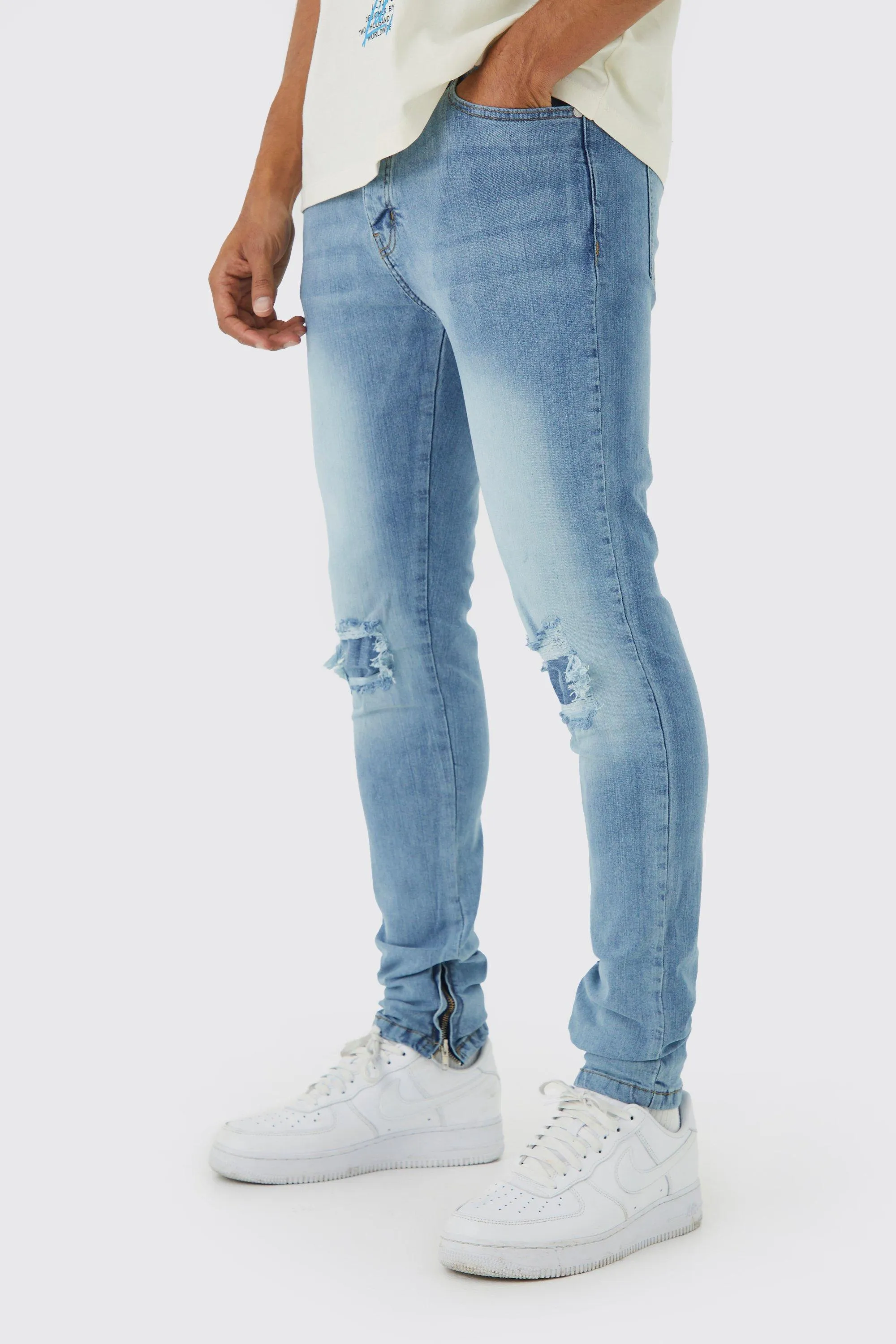 Skinny Stretch Rip And Repair Zips Jeans | boohooMAN UK