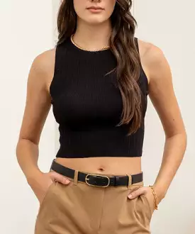 Sleeveless Knit Cropped Top - Black