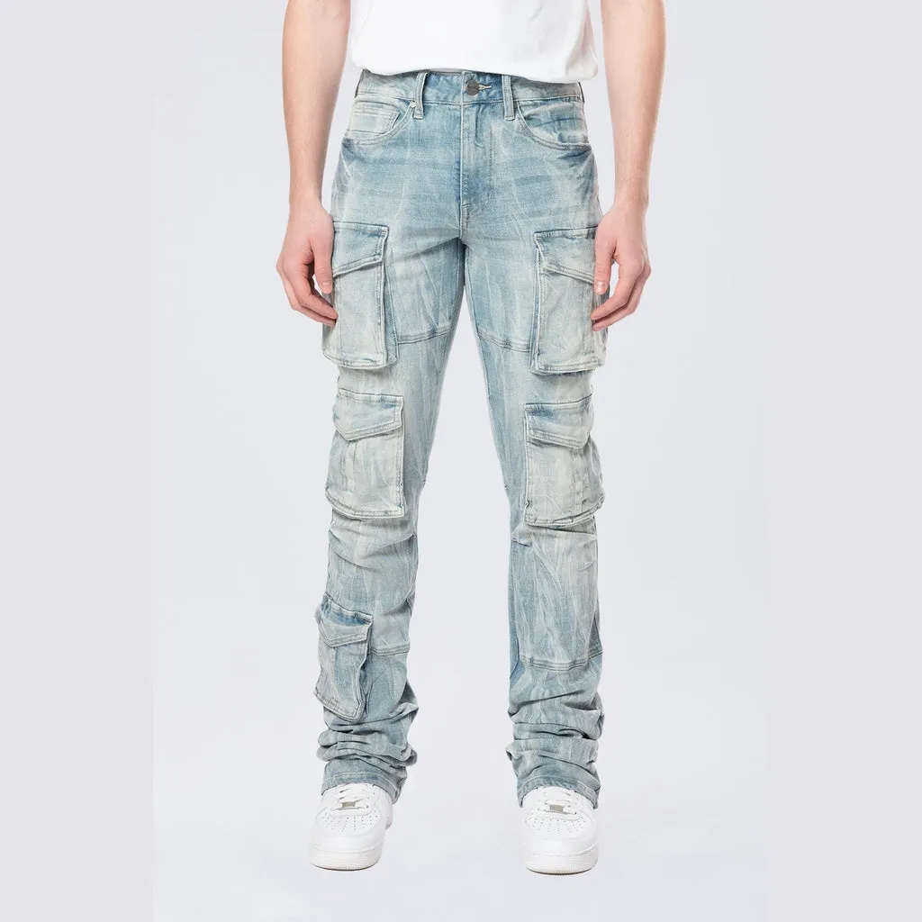 Stacked Flared Multi Pocket Cargo Jeans - Syosett Blue