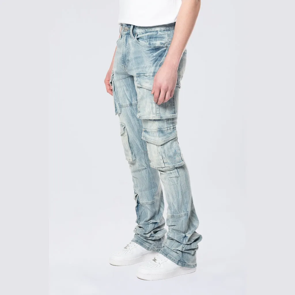 Stacked Flared Multi Pocket Cargo Jeans - Syosett Blue