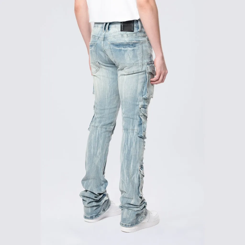 Stacked Flared Multi Pocket Cargo Jeans - Syosett Blue