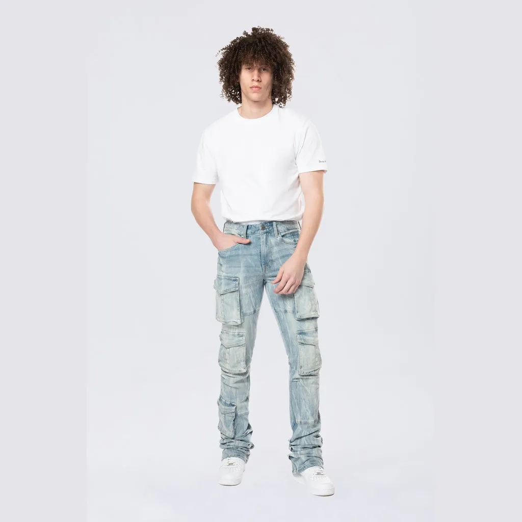 Stacked Flared Multi Pocket Cargo Jeans - Syosett Blue