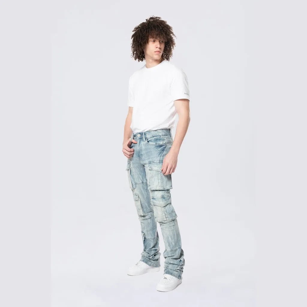 Stacked Flared Multi Pocket Cargo Jeans - Syosett Blue