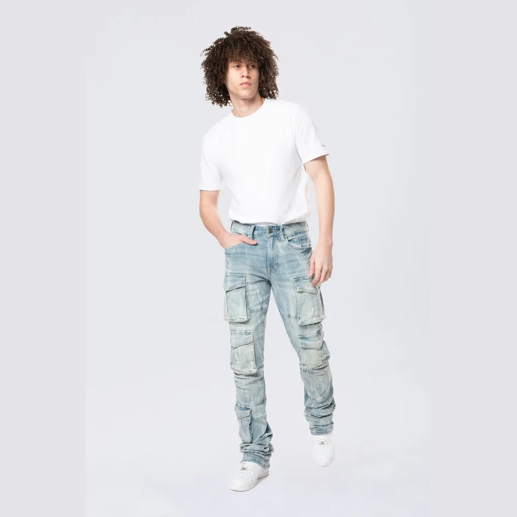 Stacked Flared Multi Pocket Cargo Jeans - Syosett Blue