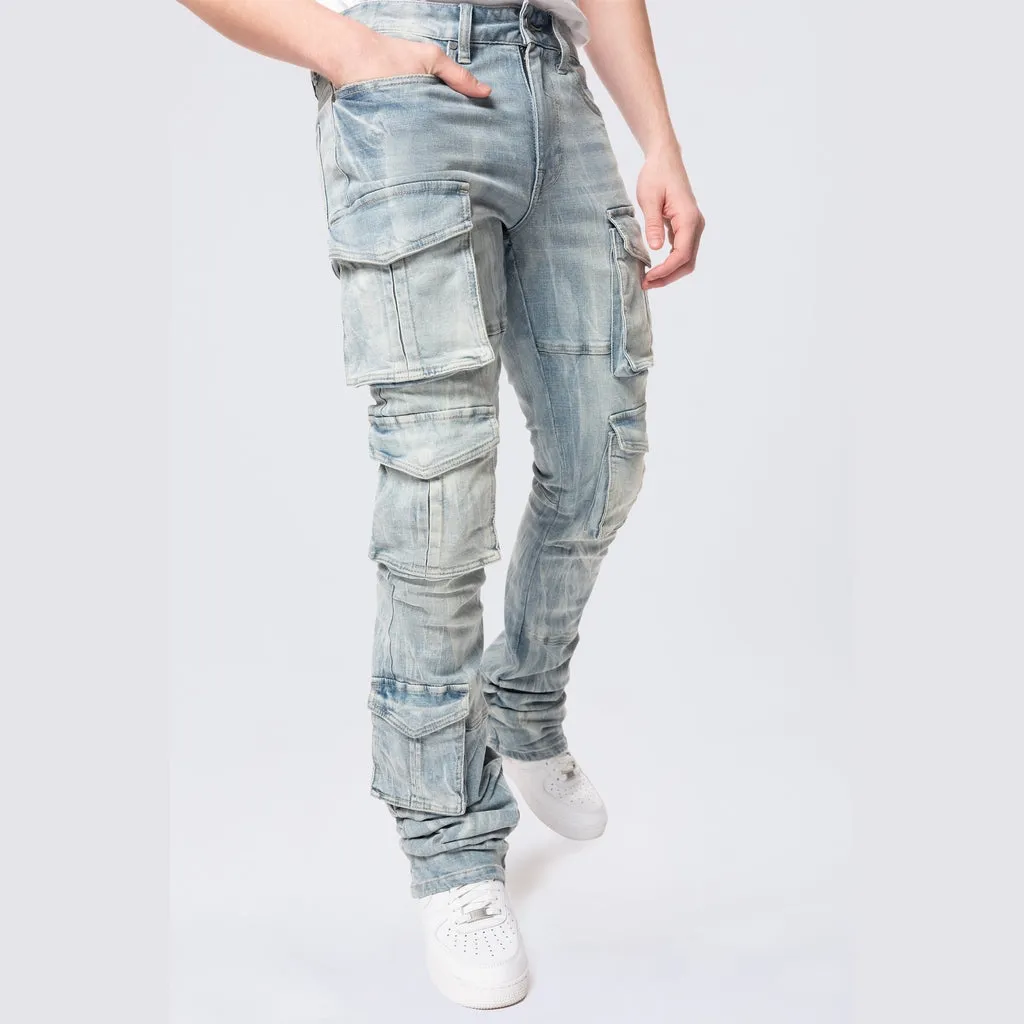 Stacked Flared Multi Pocket Cargo Jeans - Syosett Blue