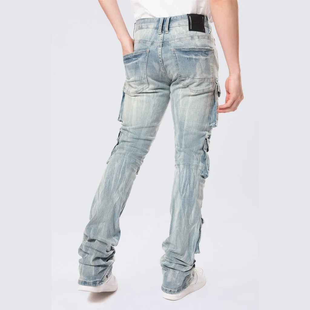 Stacked Flared Multi Pocket Cargo Jeans - Syosett Blue