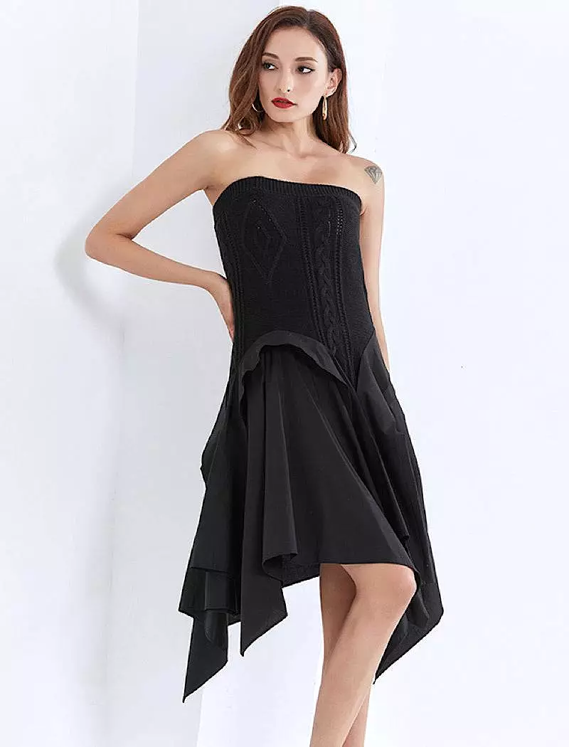 Strapless Knit Irregular Skirt Dress in Black