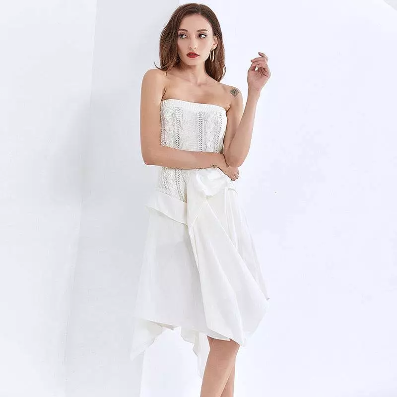 Strapless Knit Irregular Skirt Dress in White