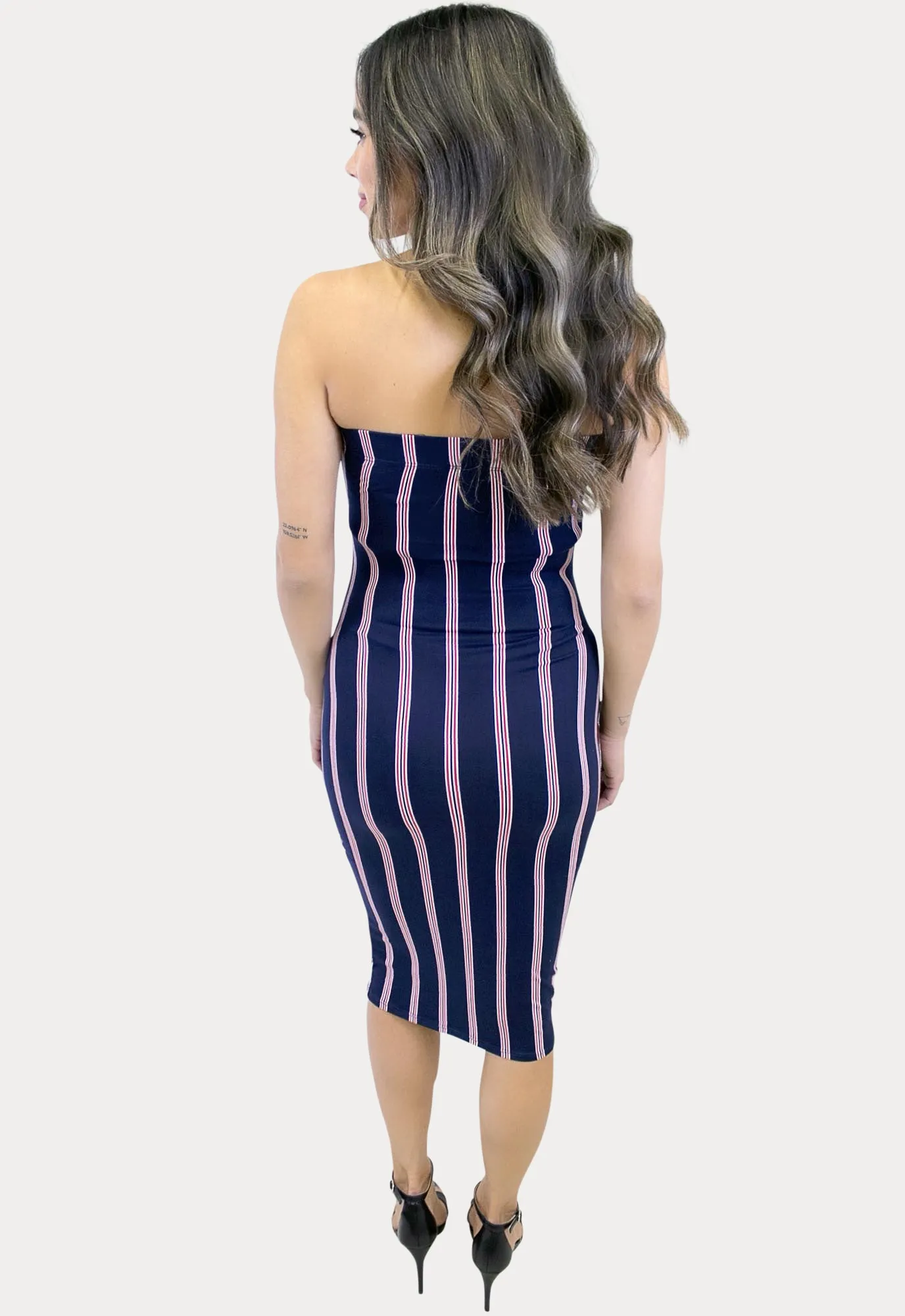 Striped Strapless Bodycon Maternity Dress in Navy