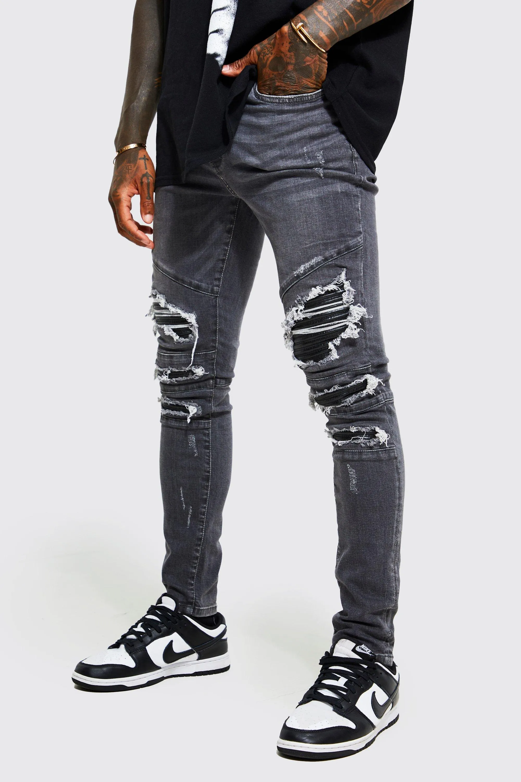 Super Skinny Multi Rip & Repair Biker Jeans