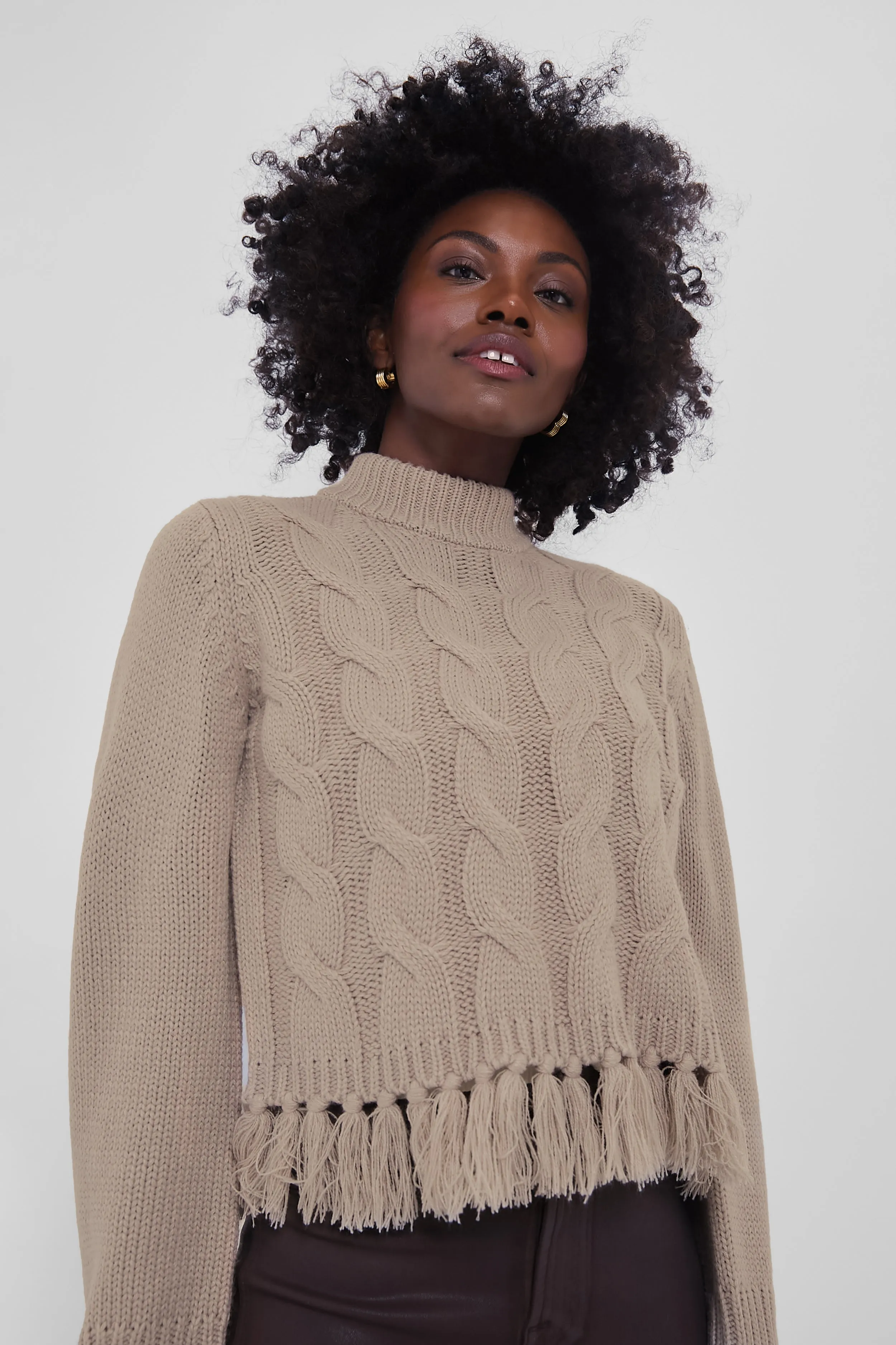 Taupe Fringe Cable Knit Sweater