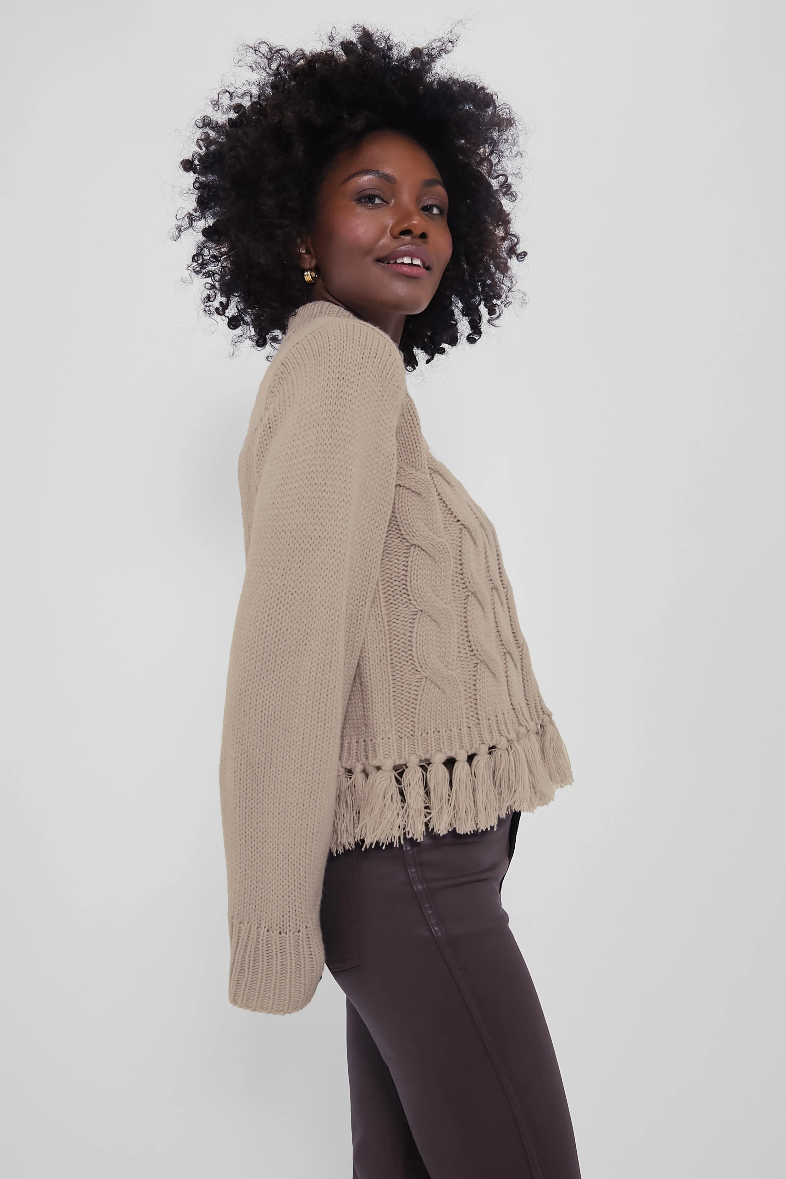 Taupe Fringe Cable Knit Sweater