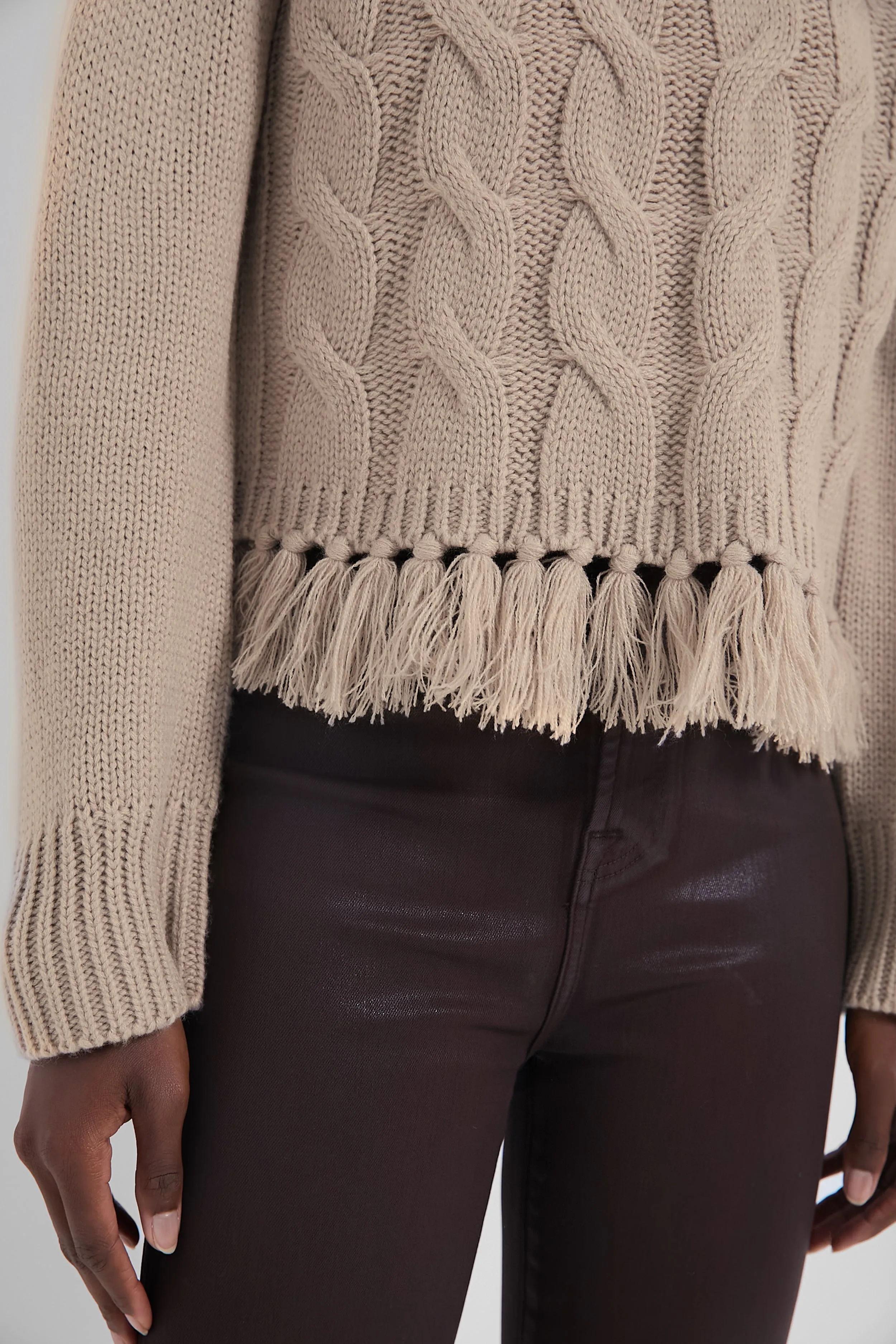 Taupe Fringe Cable Knit Sweater