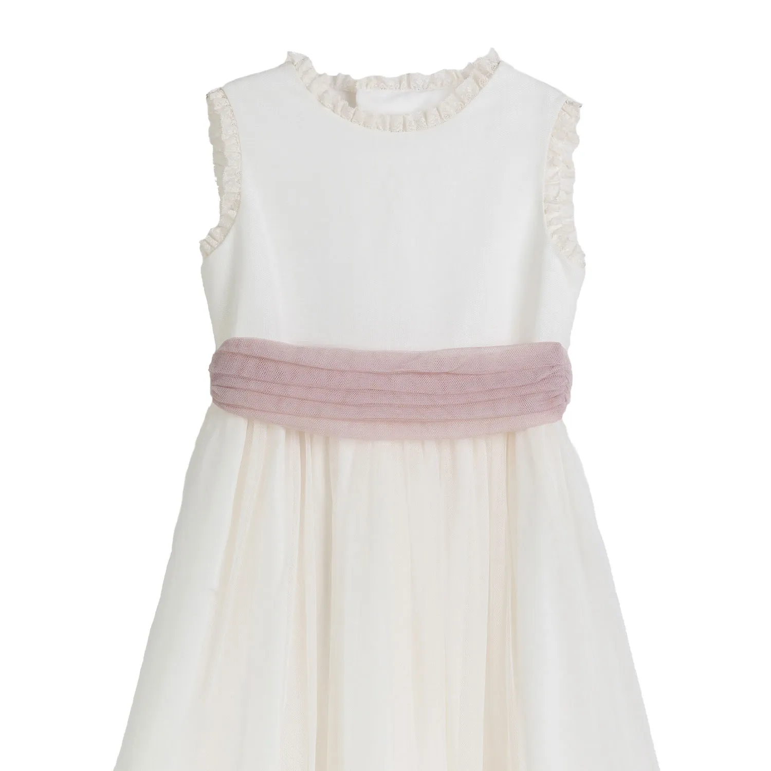 Tete' & Martina Natural White Sleeveless Dress With Pink Belt