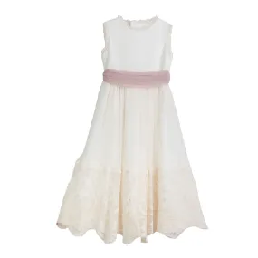 Tete' & Martina Natural White Sleeveless Dress With Pink Belt