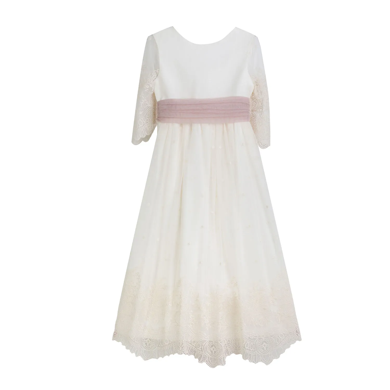 Tete' & Martina White Midi Dress With Pink Tulle Belt