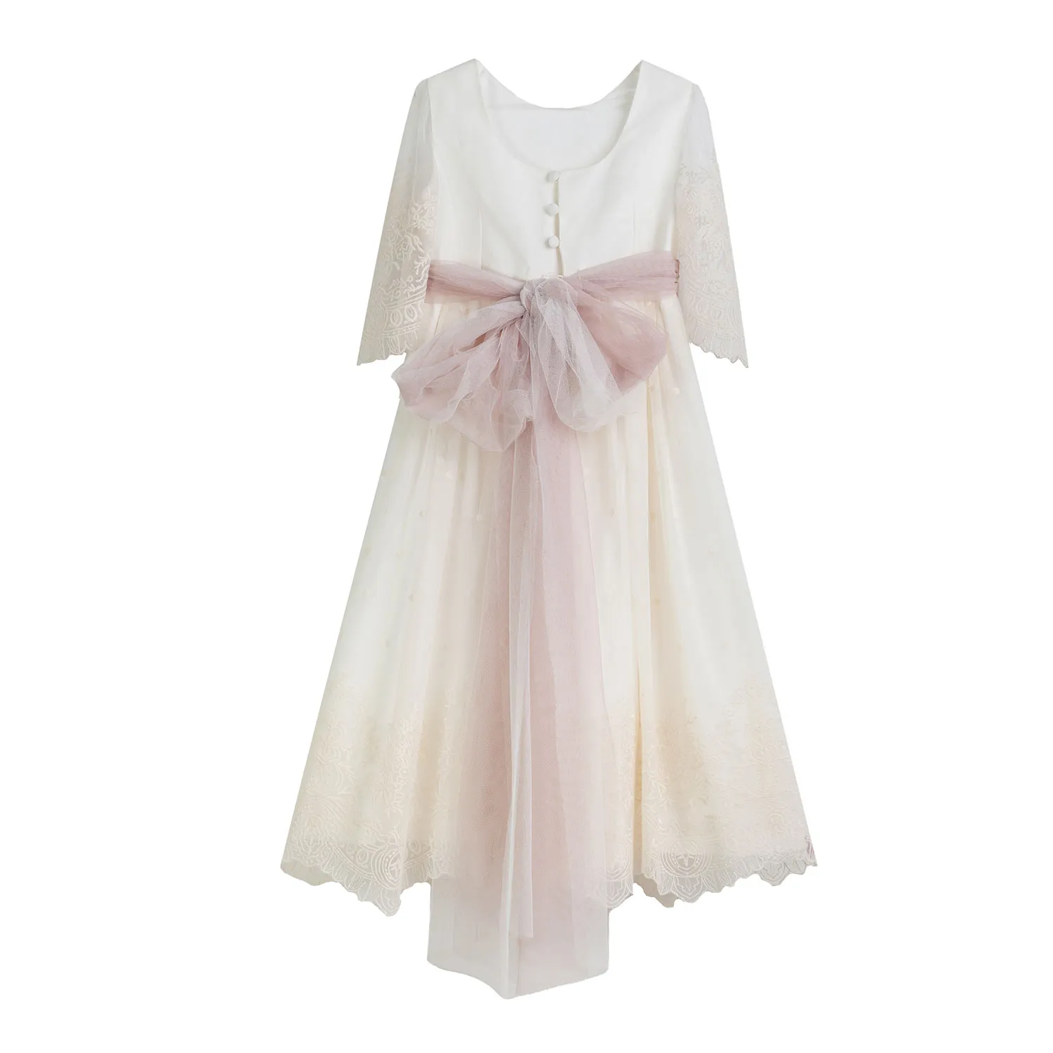 Tete' & Martina White Midi Dress With Pink Tulle Belt