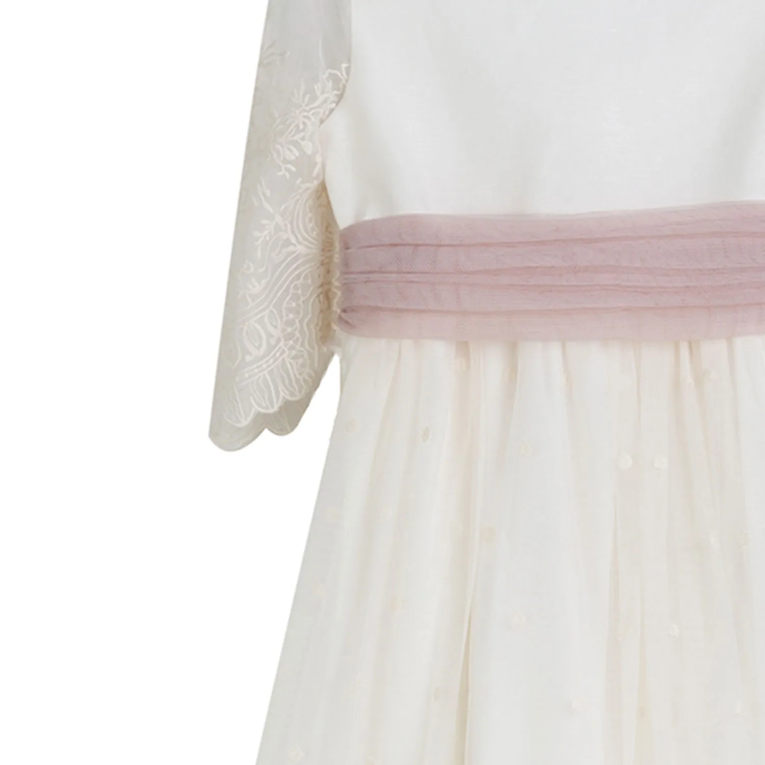 Tete' & Martina White Midi Dress With Pink Tulle Belt