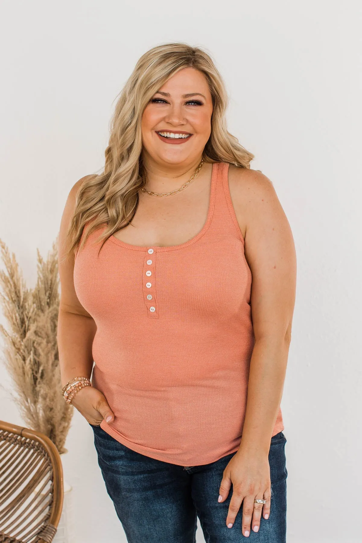 Tight Knit Love Button Tank- Dusty Peach