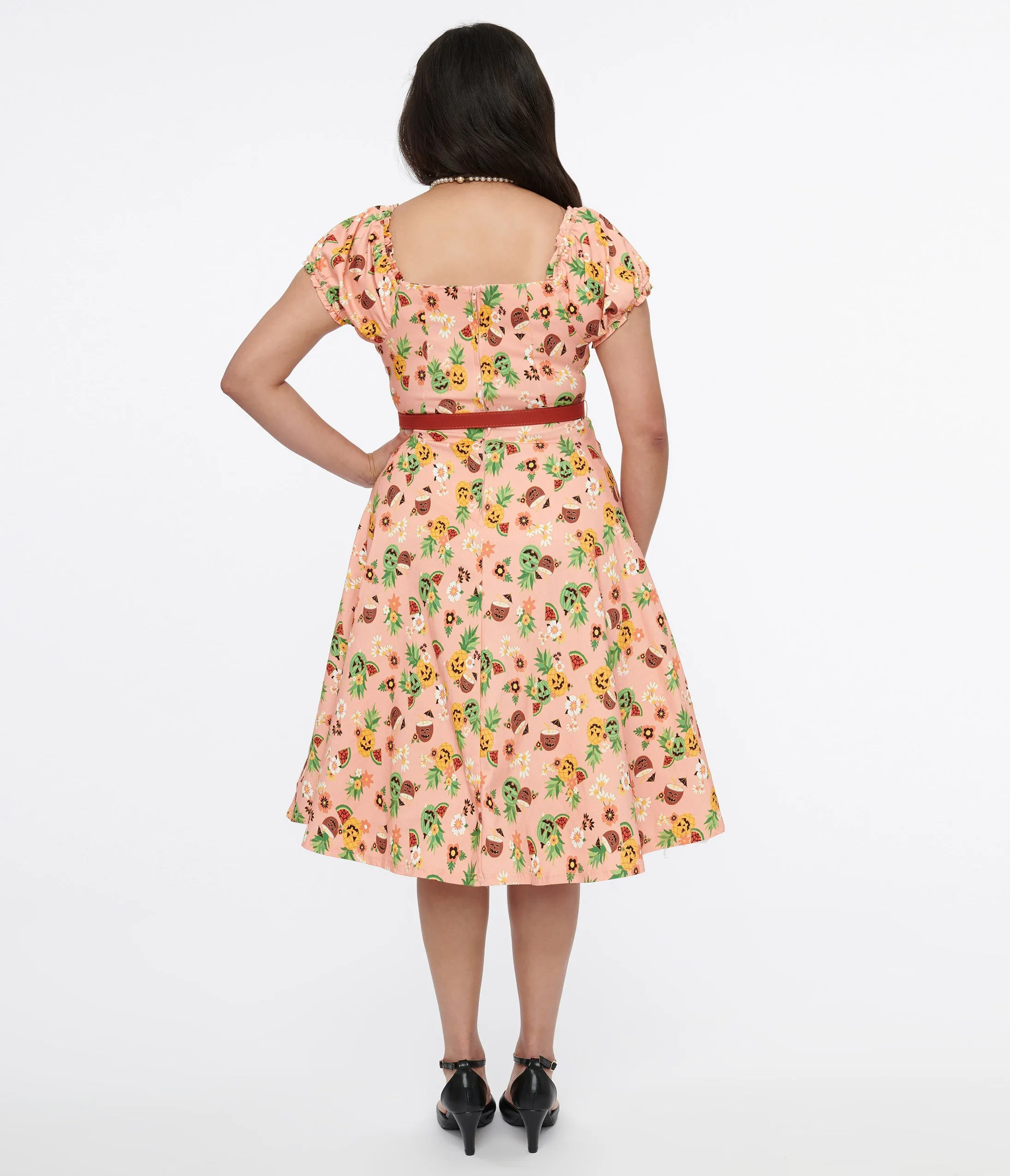 Unique Vintage 1950s Pink Jack-O-Lantern Fruit Ohara Swing Dress