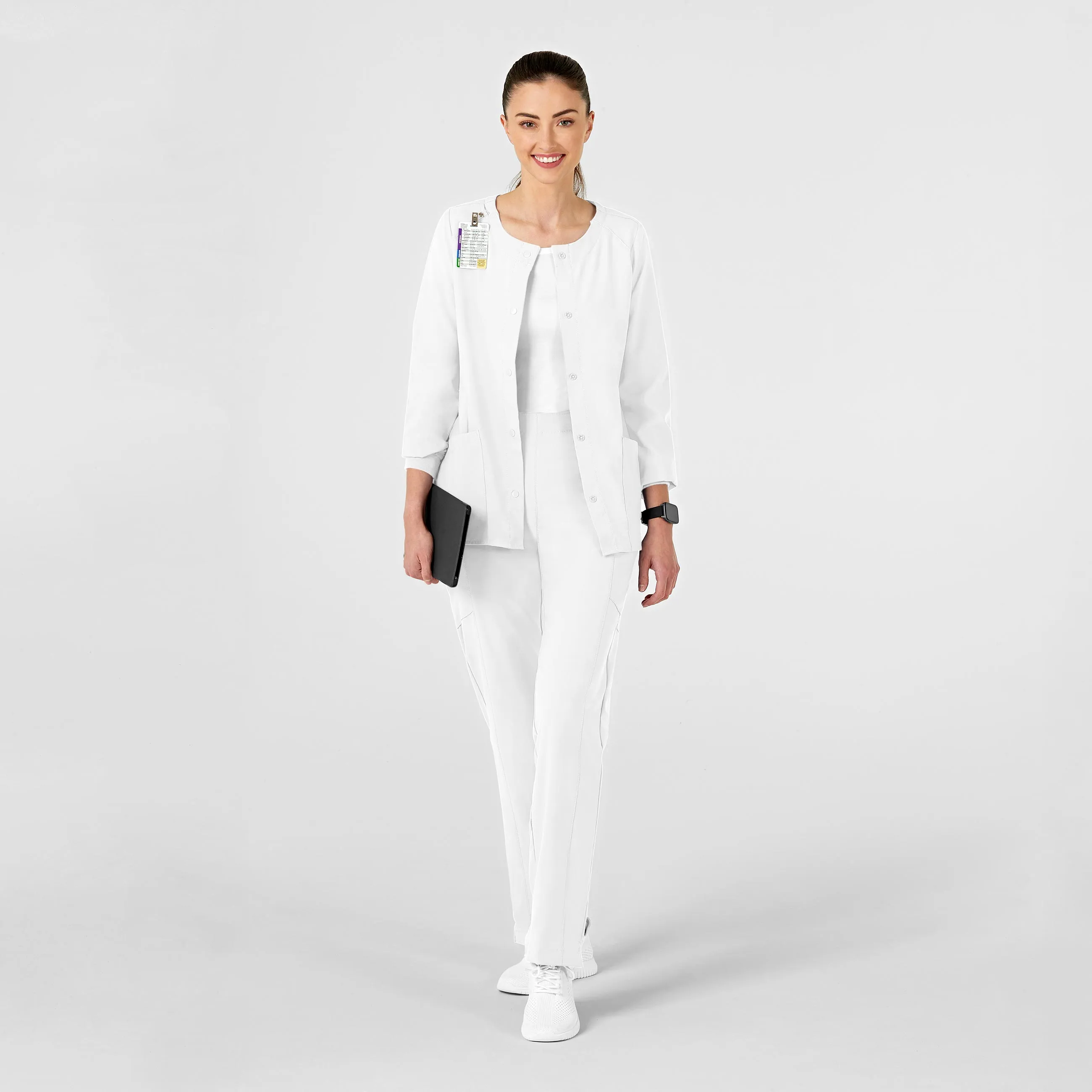 W123 Women's Crew Neck Warm Up Scrub Jacket - White