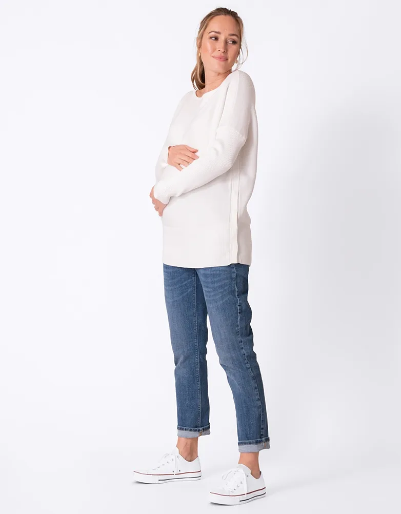 White Cotton Knit Maternity & Nursing Sweater