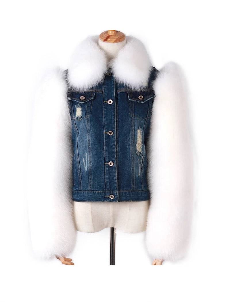 White Fox Fur Trimmed Ripped Denim Jacket