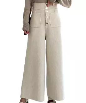 Wide Leg Woolen Pants With Big Pockets