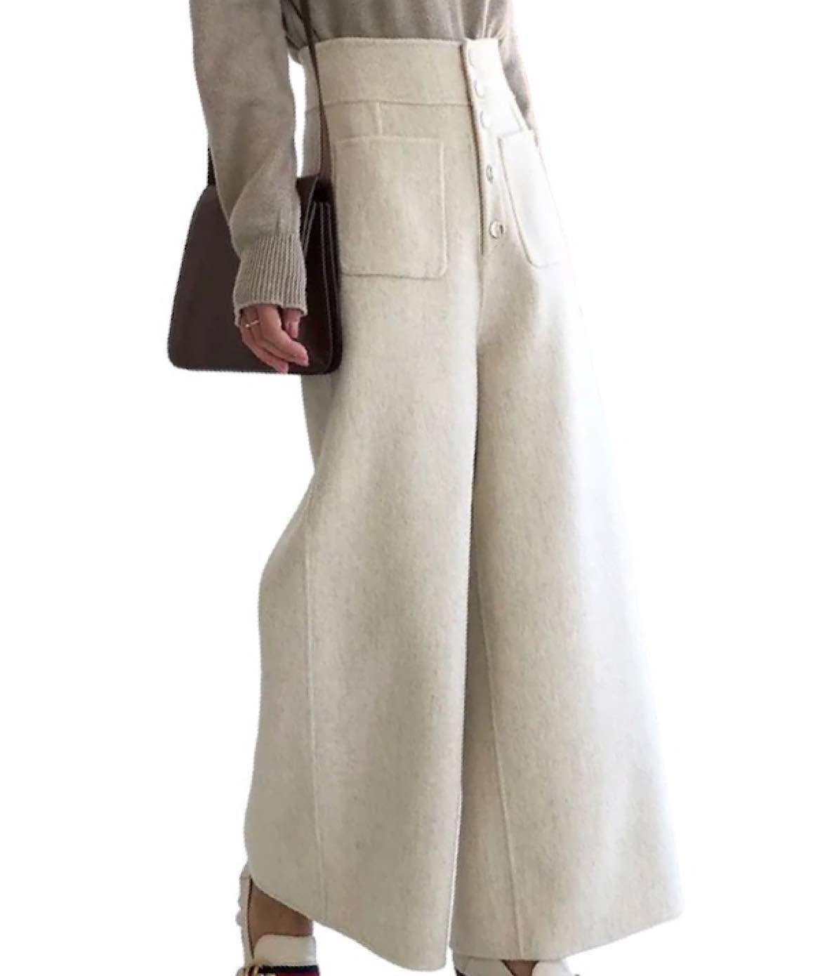 Wide Leg Woolen Pants With Big Pockets