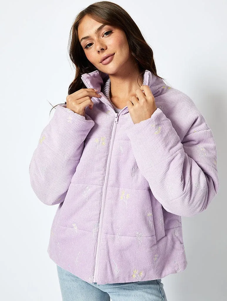 Wildflower Cord Puffer Jacket in Lilac