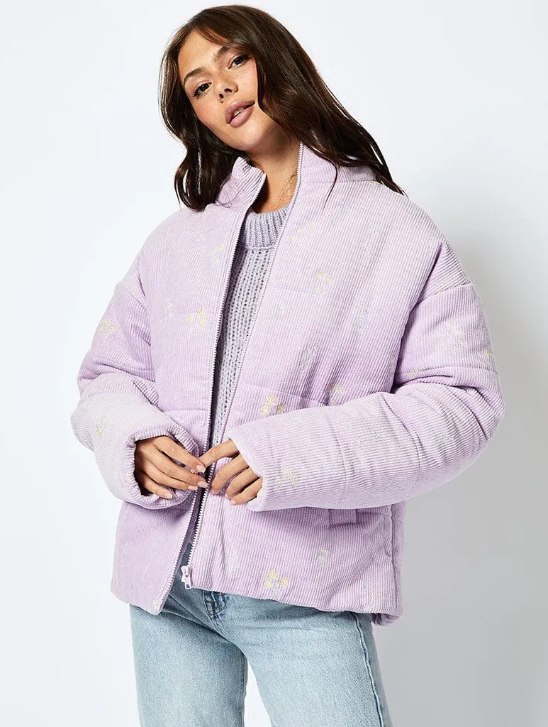 Wildflower Cord Puffer Jacket in Lilac