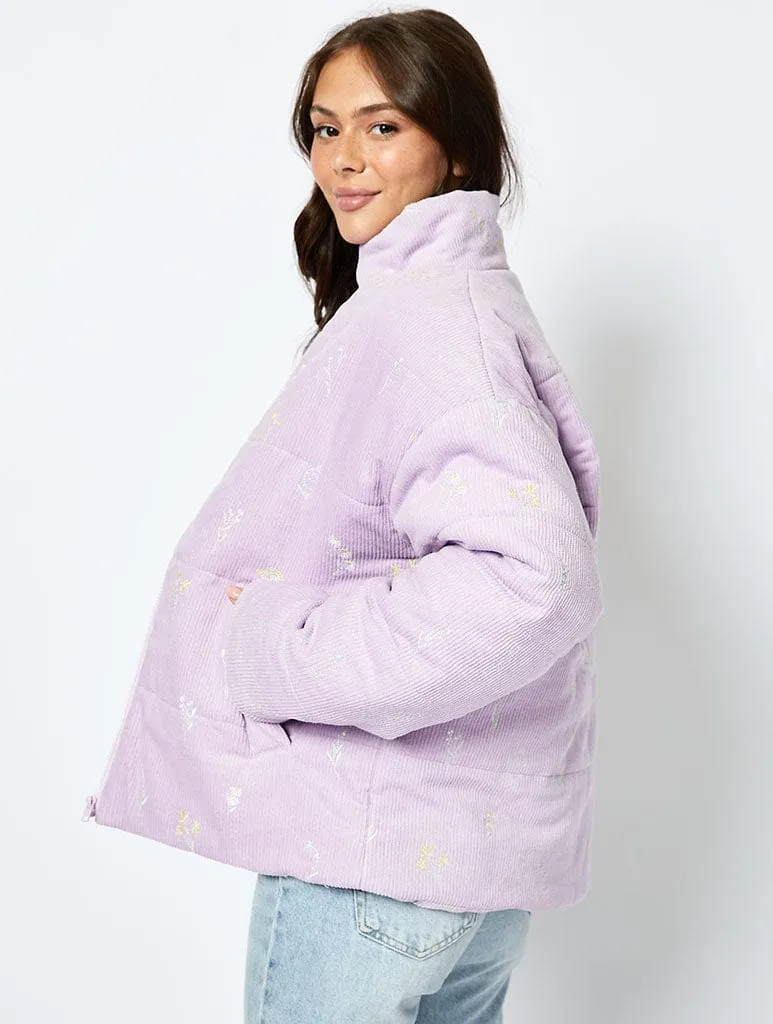 Wildflower Cord Puffer Jacket in Lilac