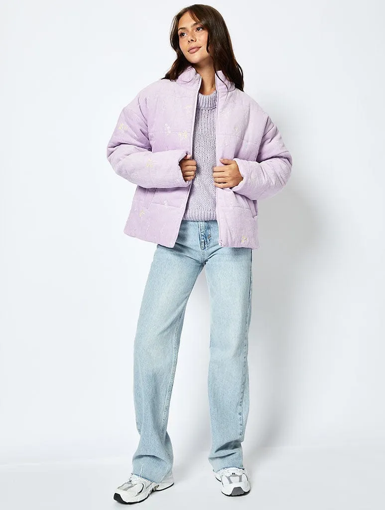 Wildflower Cord Puffer Jacket in Lilac