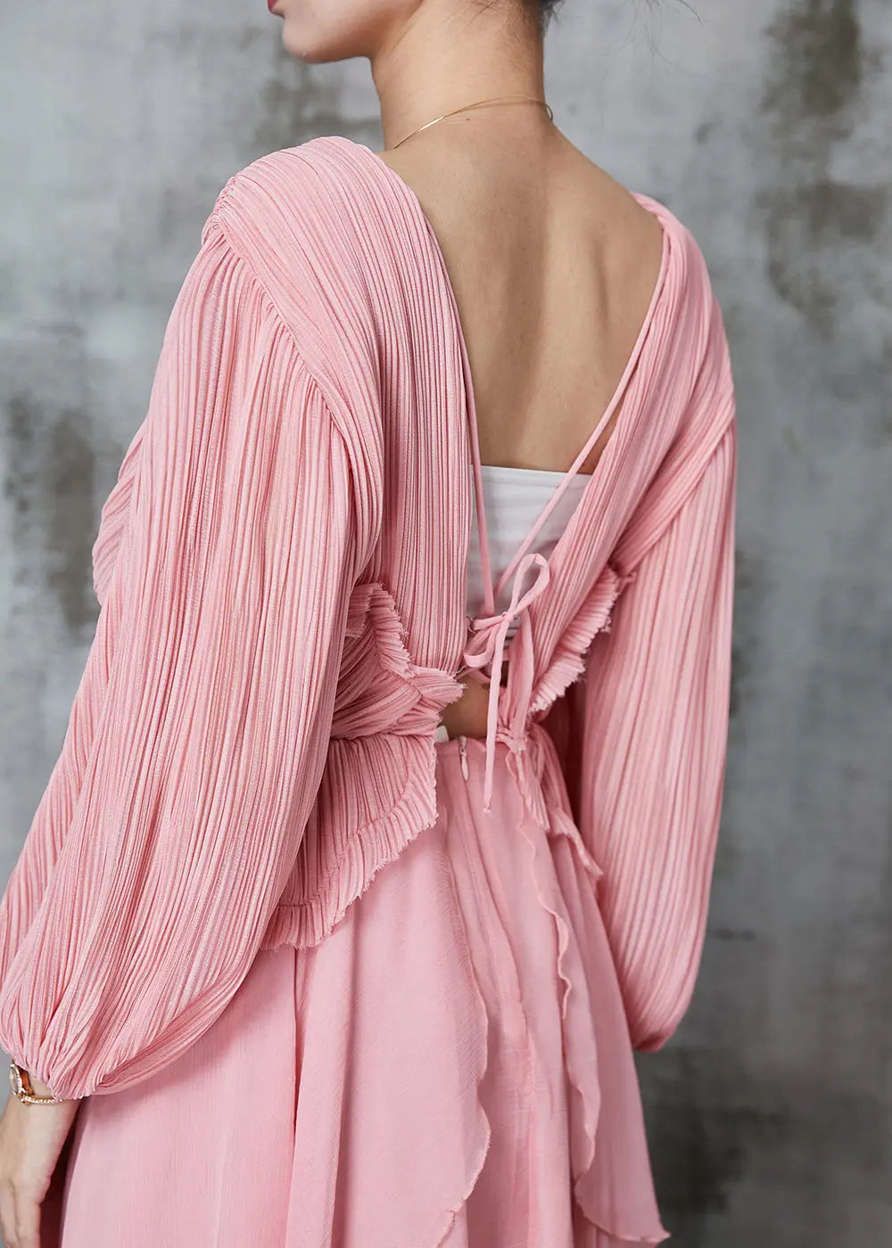 Women Pink Ruffled Wrinkled Chiffon Mid Dress Spring JK1063