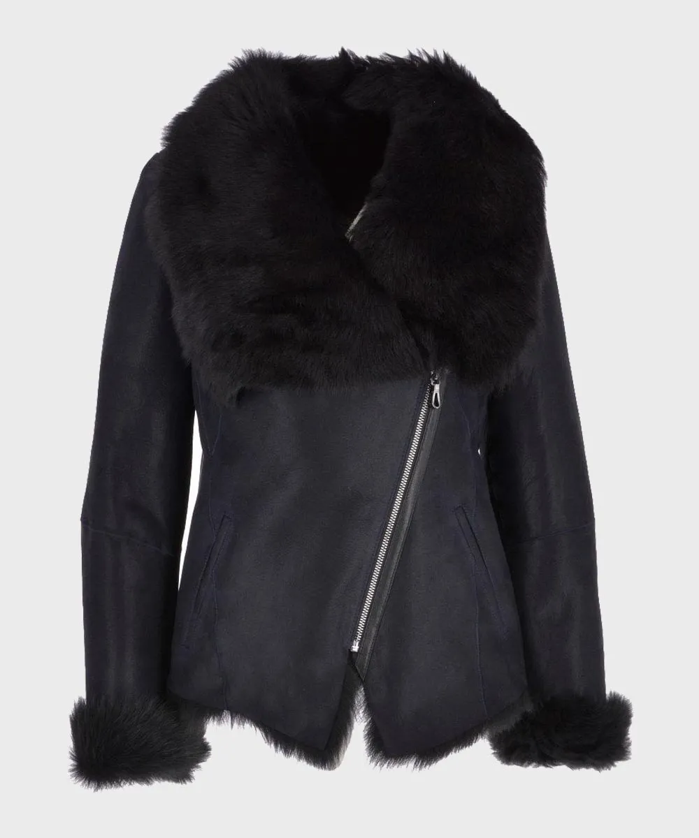 Womens Black Shearling Fur Leather Jacket for Winter