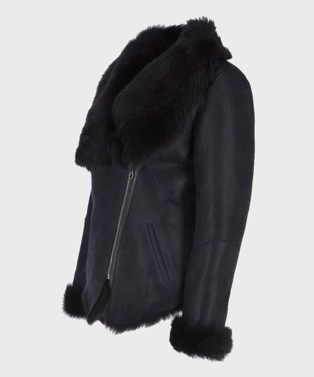 Womens Black Shearling Fur Leather Jacket for Winter