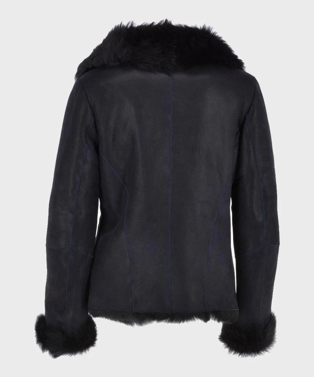 Womens Black Shearling Fur Leather Jacket for Winter