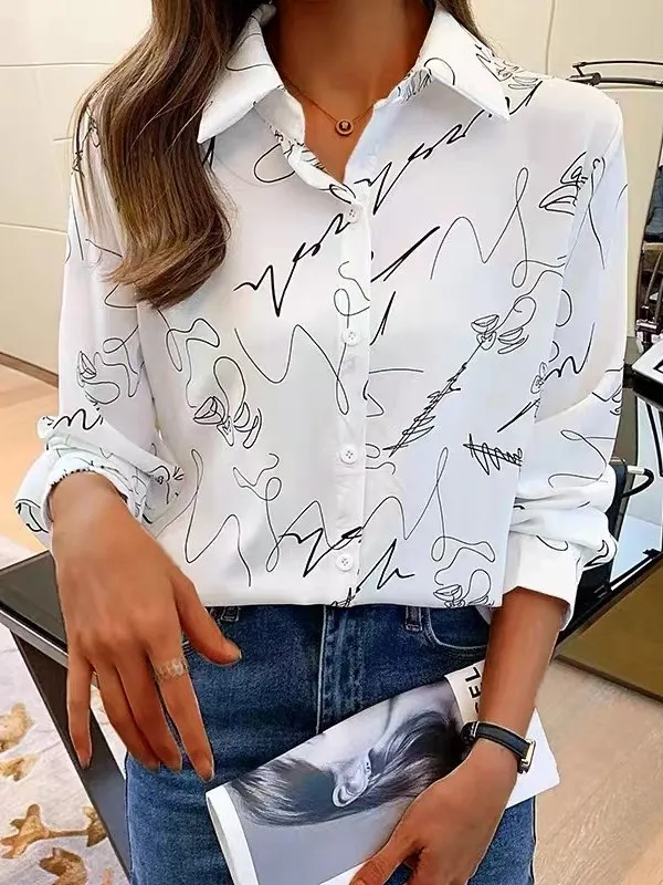 Women's Blouses Long Sleeve Button Lapel Line Printed Blouse