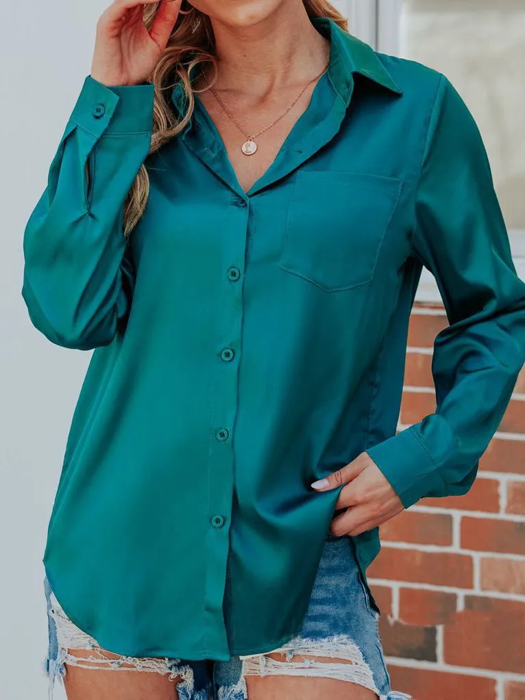 Women's Blouses Satin Lapel Button Long Sleeve Blouse